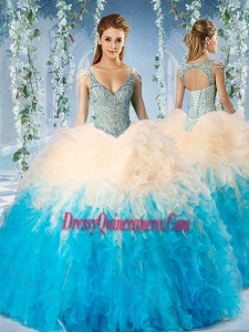 Modest Beaded Decorated Cap Sleeves Traditional Quinceanera Gowns in Blue and Champagne
