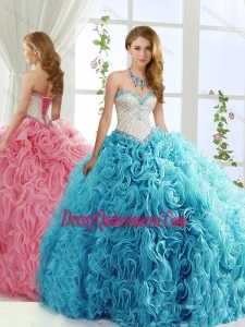 Modest Brush Train Beaded Baby Blue Simple Quinceanera Gowns in Rolling Flowers