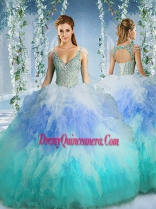 Rainbow Deep V Neck Cap Sleeves Romantic Quinceanera Dresses with Beading and Ruffles