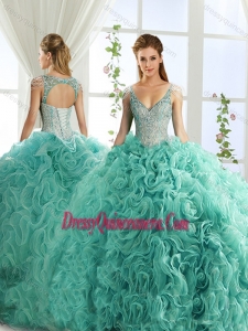 Sexy Deep V Neck Mint Unique Sweet 16 Dresses with Beading and Appliques
