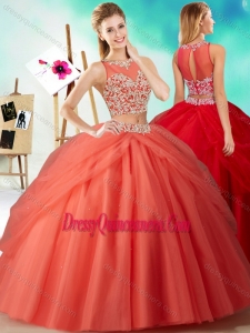 Two Piece See Through Beaded Romantic Quinceanera Dresses in Orange Red