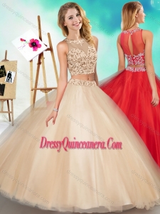 Two Piece See Through Scoop Simple Quinceanera Gowns with Beading and Appliques