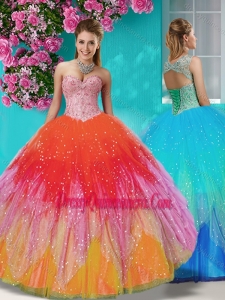 Classic Rainbow Beaded and Applique Quinceanera Dress with Detachable Straps