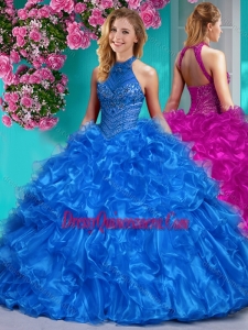 Gorgeous Halter Top Beaded and Ruffled Sweet 16 Dress in Royal Blue