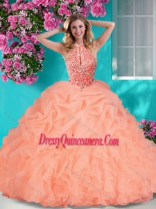 New Style Halter Top Beaded and Ruffled Quinceanera Dress with Brush Train