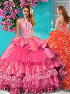 Gorgeous Halter Top Brush Train Sweet 16 Dress with Beading and Ruffles Layers