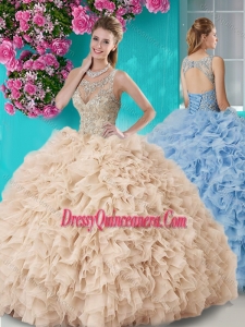 Gorgeous See Through Beaded Scoop Quinceanera Gown in Champagne