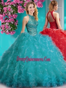 Romantic Halter Top Beaded and Ruffled Sweet 16 Dress with Puffy Skirt