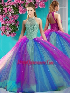 Romantic Halter Top Really Puffy Sweet 16 Dress with Beading and Appliques