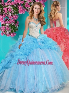 Simple Beaded and Ruffled Big Puffy Quinceanera Dress with Brush Train