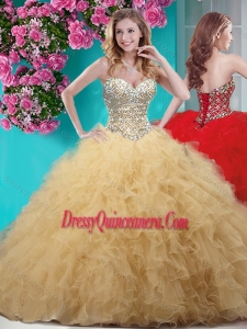 Simple Gold Really Puffy Quinceanera Dress with Beading and Ruffles
