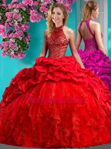 Simple Halter Top Brush Train Quinceanera Dress with Beading and Ruffles