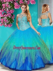 Simple See Through Beaded Scoop Quinceanera Dress in Multi Color