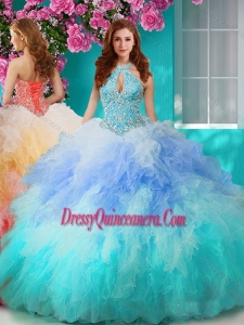Traditional Rainbow Halter Top Sweet 16 Dress with Beading and Ruffles