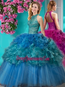 Traditional Really Puffy Beaded and Ruffled Quinceanera Gown with Halter Top