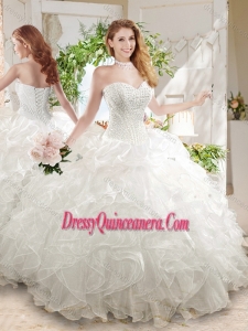 Unique Ball Gown Sweetheart White Quinceanera Dress with Beading and Ruffled