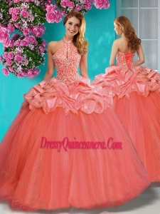 Unique Beaded and Ruffled Big Puffy Quinceanera Dress with Halter Top