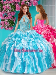 Unique Beaded and Ruffled Halter Top Quinceanera Dress in Baby Blue and White