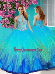 Unique Halter Top Rainbow Quinceanera Dress with Beading and Appliques