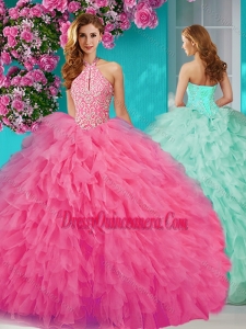 Unique Halter Top Tulle Rose Pink Quinceanera Dress with Beading and Ruffles