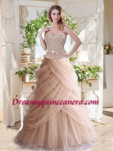 Elegant A Line Champagne Quinceanera Dress with Beading and Ruffles