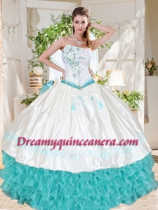 Exclusive Ruffled and Beaded Asymmetrical Quinceanera Dresses with White and Aqua Blue