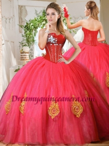 Romantic Beaded and Gold Applique Really Puffy Quinceanera Dress in Red