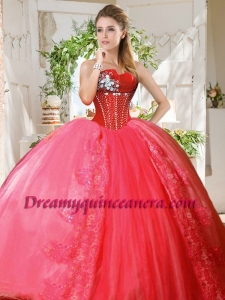 Romantic Puffy Skirt Beaded and Applique Quinceanera Dress in Coral Red