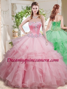 Wonderful Beaded and Ruffled Layer Big Puffy Quinceanera Dress in Baby Pink