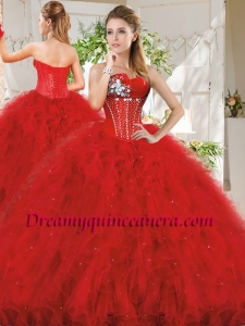 Popular Really Puffy Red Quinceanera Dress with Beading and Ruffles