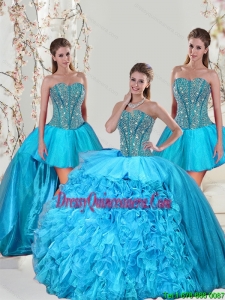 Detachable Aqua Blue Sweet 15 Dresses with Beading and Ruffles for 2015