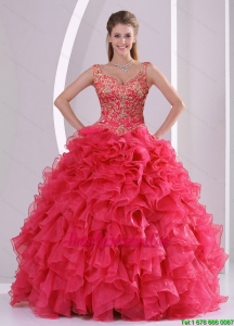 2015 Modern and Luxurious Beading and Ruffles Quince Dresses in Red