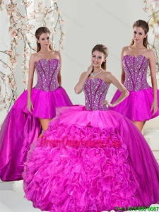 2015 New Style and Spring Detachable Hot Pink Sweet 16 Dresses with Beading and Ruffles
