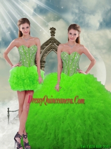 Beautiful and Detachable Beading and Ruffles Spring Green Dresses For Quinceanera