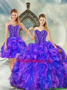 Luxurious and Detachable Beading and Ruffles Quince Dresses in Purple and Blue for 2015