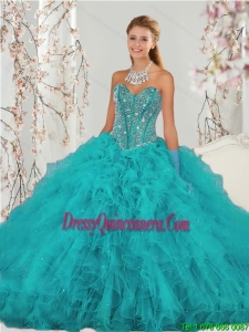 2015 Top Seller Pretty Beading and Ruffles Sweet 15 Dresses in Turquoise