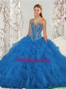 2015 Affordable and Vintage Beading and Ruffles Aqua Blue Quince Dresses