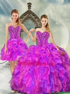 2015 Most Popular and Detachable Fuchsia and Lavender Quince Dresses with Beading and Ruffles