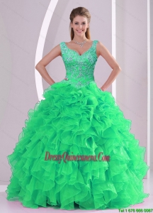 2015 Unique and Vintage Spring Green Quinceanera Dresses with Beading and Ruffles
