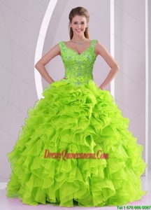 New Arrival and Pretty Beading and Ruffles Quince Dresses in Green