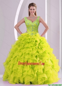 Trendy and Vintage Beading and Ruffles Yellow Green Quince Dresses for 2015