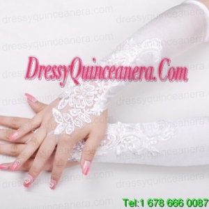 Satin Fingerless Elbow Length Bridal Gloves With Beading And Appliques
