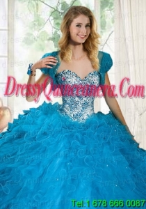 Brand New Blue Organza Quinceanera Jacket with Beading and Ruffles