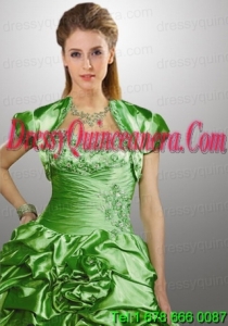 Customize Green Taffeta Quinceanera Jacket with Beading and Ruffles