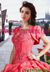 Fashionable Taffeta Appliques and Beading Watermelon Red Jacket For a Quinceanera