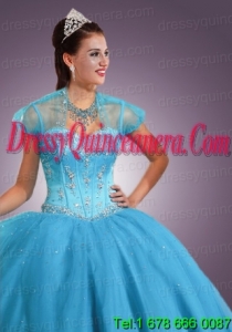 Newest Baby Blue Tulle short Quinceanera Jacket with Beading and Sequins