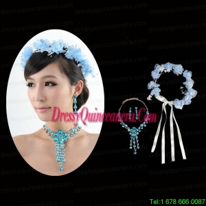 Blue Flowers Rhinestone Jewelry Set Including Necklace And Earrings