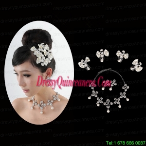 Bowknot Pearl and Rhinestone Necklace Earring Jewelry Set