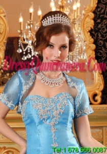 Fashionable Open Front Appliques Baby Blue Quinceanera Jacket