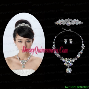 Multi Color Crystal Round Shaped Jewelry Set Including Necklace and Tiara